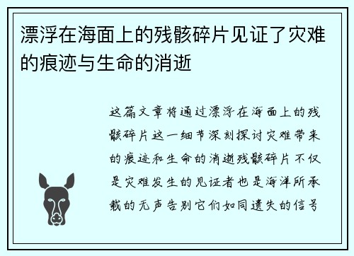 漂浮在海面上的残骸碎片见证了灾难的痕迹与生命的消逝 漂浮在海面上的残骸碎片见证了灾难的痕迹与生命的消逝