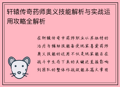 轩辕传奇药师奥义技能解析与实战运用攻略全解析